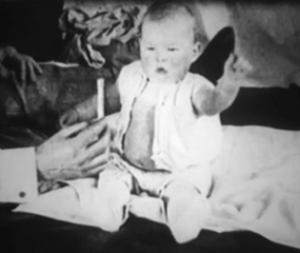 black and white photo of a baby, presumably Little Albert